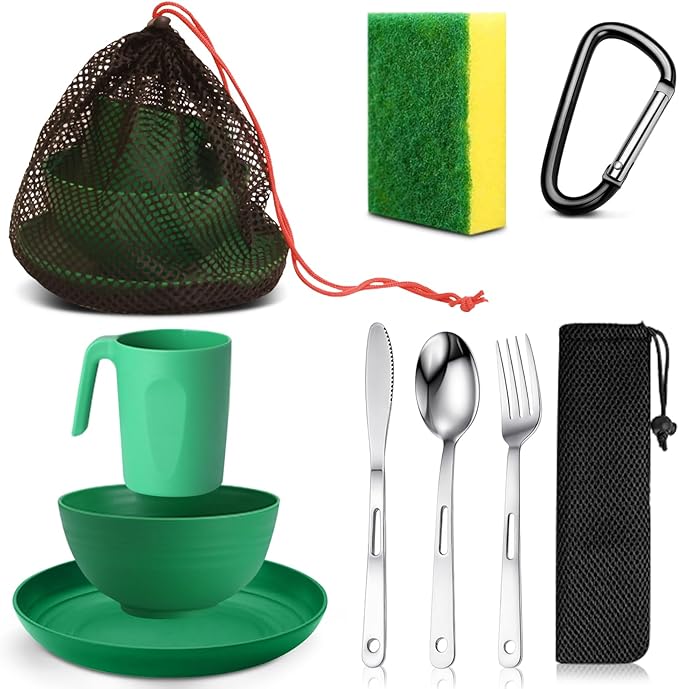 Scout Camping Mess Kit for Person Boy Scout Dishes Set Girl Scout Mess Kit with Mesh Bag Reusable Light Weight Eating Utensils Plastic Camping Cutlery Set for Travel Camp
