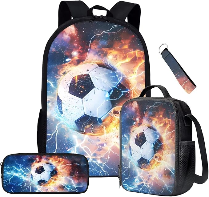 Football School Backpack Set,4 in 1 Soccer SchoolBag with Lunch Box for Teen Boys 8-12 Years Old Primary Middle Student Camping Travel Daypack with Adjustable Strap