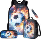 Football School Backpack Set,4 in 1 Soccer SchoolBag with Lunch Box for Teen Boys 8-12 Years Old Primary Middle Student Camping Travel Daypack with Adjustable Strap