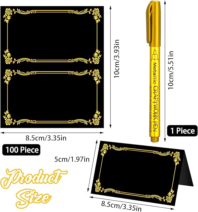 100 Pcs Black Place Cards and Gold Pen for Weddings, Name Cards with Gold Foil Border for Table Setting Folded Table Tents Sign for Buffet Banquet Parties Events Celebrations