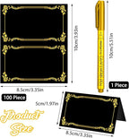 100 Pcs Black Place Cards and Gold Pen for Weddings, Name Cards with Gold Foil Border for Table Setting Folded Table Tents Sign for Buffet Banquet Parties Events Celebrations