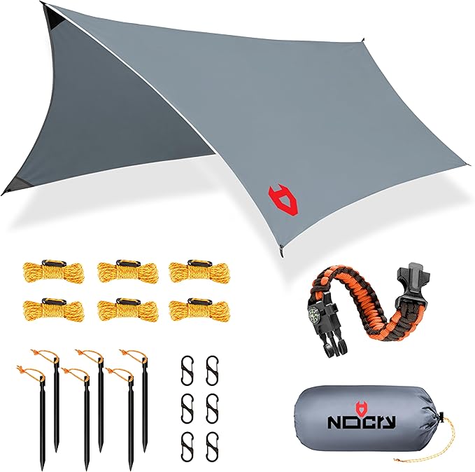 Rain Fly12x10 Lightweight Survival Camping Tarp; 100% Waterproof; Makes a Great Backpacking Tarp or Hammock Shelter; Comes in Multiple Colors, Survival Bracelet Included; Grey