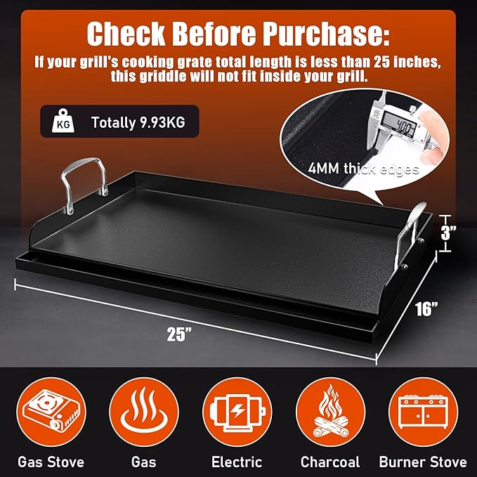 Cast Iron Griddle for Gas Grill, Stove Top Griddle, Nonstick Griddle top for Outdoor Gas & Charcoal Grills, 25" x16" Nonstick FlatTop Insert Cooking Pan for Weber Charbroil Dynaglo Grill