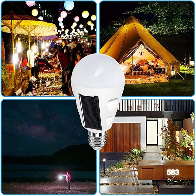 4 Pack LED Solar Emergency Light Bulbs for Home Power Failure, E26/E27 7W Rechargeable Battery Backup Bulb, Hurricane Supplies for Home, White Daylight 6000k Outdoor Hiking Camping Light