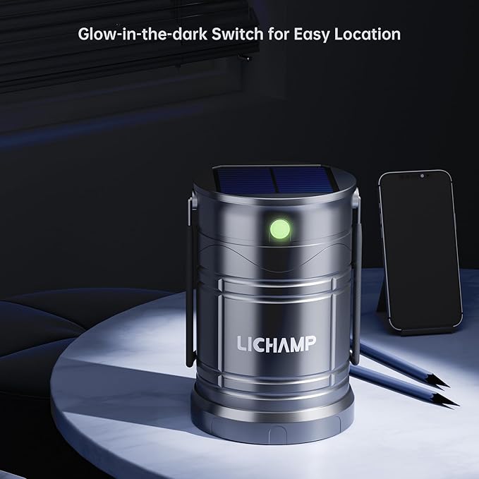 Lichamp 1-Pack Solar Camping Lantern, USB Rechargeable LED Lanterns Battery Powered Pop Up Flashlight Lamps with Three Modes Power for Power Outages Hurricane Supplies Emergency Indoor & Outdoor