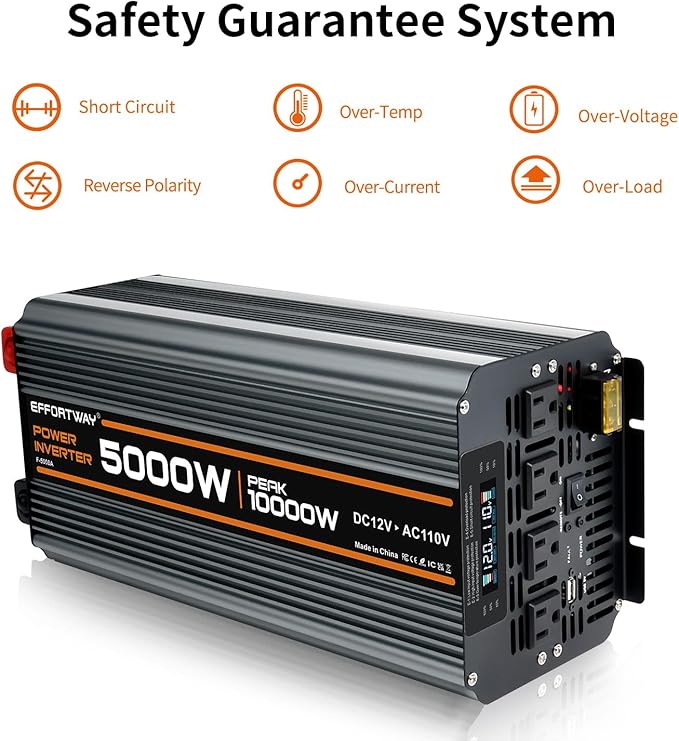 5000 watt Power Inverter DC 12V to AC 110V/120V Converter,10000w Peak.Comes with LCD Display,Wireless Controller, 4AC outlets,1USB.RV Inverter,Suitable for Camping,and Off-Grid Solar Inverter Systems