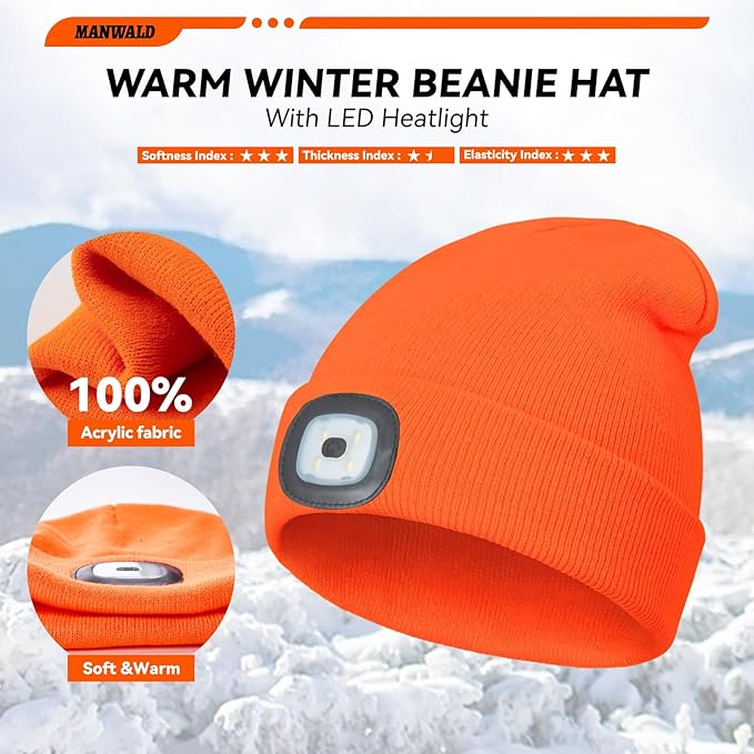 LED Beanie Hat with Light, USB Rechargeable LED Headlamp, Birthday Gifts for Women Adults, Gifts for Men Dad Husband, Boyfriend, Orange