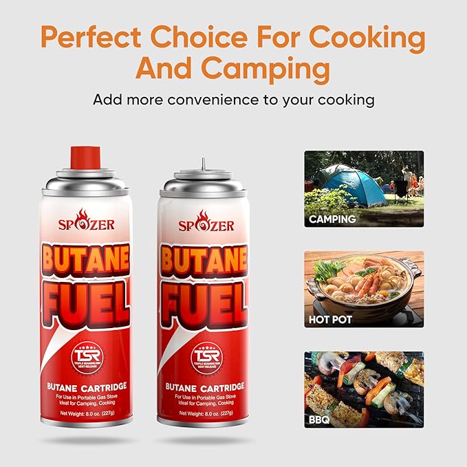 Butane Fuel Canister, 8oz (227g) Butane Refill with TSR Safety Valve, for Camping Stoves, Kitchen Torch, BBQ, 12 PCS