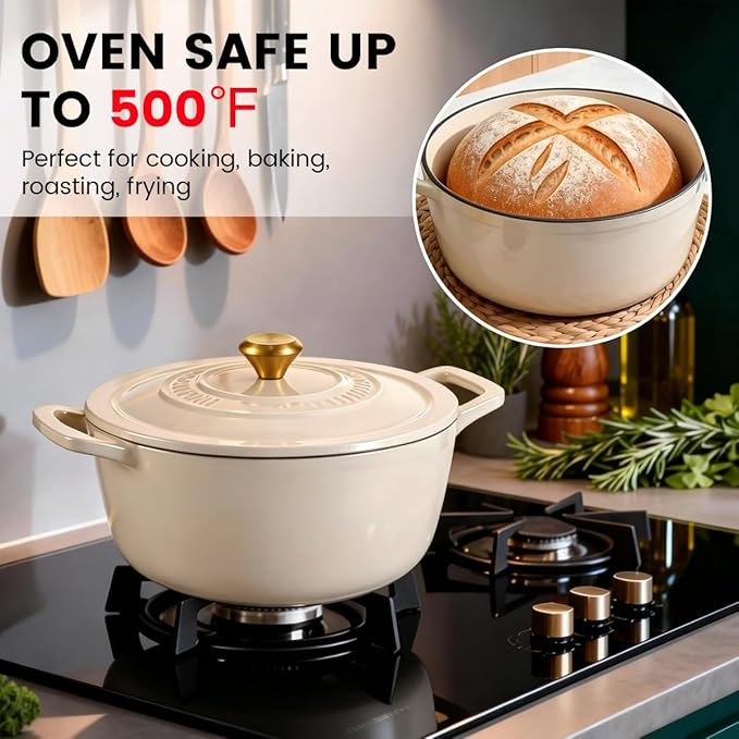 Enameled Cast Iron Dutch Oven with Lid – 5QT Heavy-Duty Pot, Oven Safe up to 500°F, Dual Handles, Ideal for Sourdough Bread Baking, Stews, Roasting, Braising – All Cooktops, Durable & Versatile Cookware (Ivory)