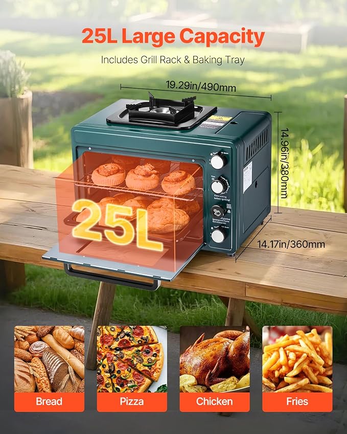 VEVOR Outdoor Camping Oven, 2-in-1 Portable Gas Camping Stove Oven Combo, Adjustable Fire, 60-Minute Timer, Windproof, for Camping Backyard Picnic Outdoor Cooking, Universal Butane Canister Compatible