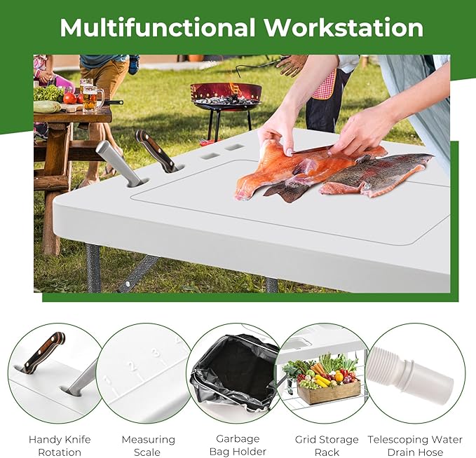 Giantex Fish Cleaning Table w/ 2 Sinks, Faucet, Hose Hook Up, Portable Folding Camping Table w/Measure Mark, Outdoor Fillet Cleaning Station for Fishing Beach Picnic (with Sprayer & Storage Shelf)
