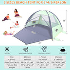 Happy Travel Beach Tent Sun Shelter for 3/4/5/6/7/8 Person, Portable UPF 50+ UV Protection Beach Shade Canopy for Family & Baby, Lightweight & Easy Setup Beach Cabana with 3 Ventilation Mesh Windows