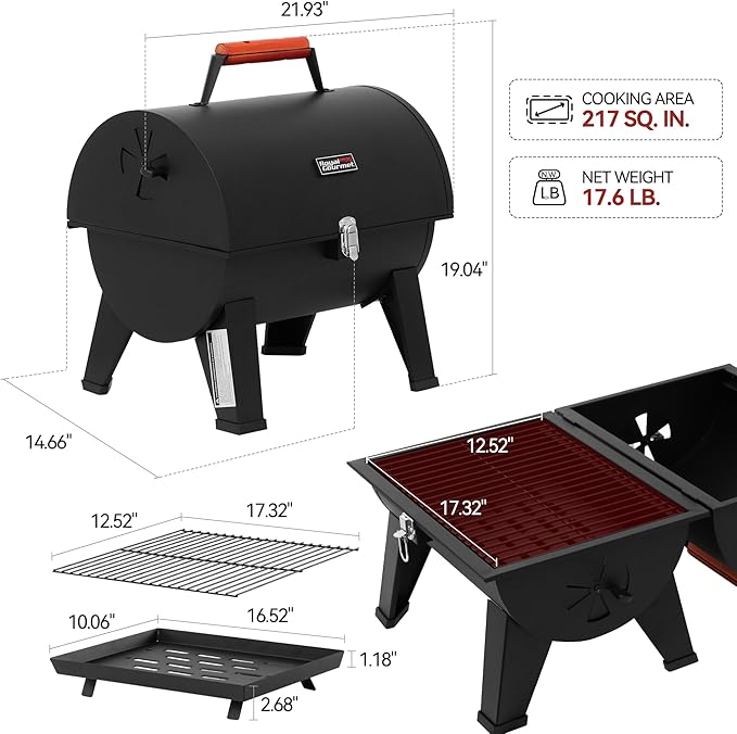 Royal Gourmet CC1619 Portable Tabletop Charcoal Grill, Convertible Lid-to-Grill Zone, Outdoor Compact Barrel BBQ Grill with 217 Sq. In. Grilling Space for Backyard, Patio and Parties, Black