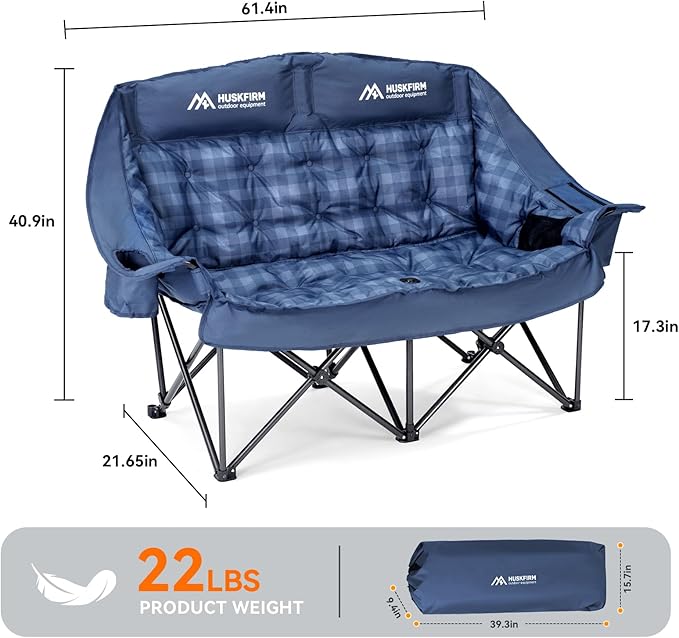 Padded Double Camping Chair High Back Double Seat Camping Chair Oversized Camping Loveseat Support 800LBS Heavy Duty Camping Couch with Cup Holders, Cooler, Carry Bag, Blue
