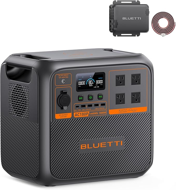 BLUETTI Solar Generator AC180P & Charger 1 (Ships Separately), 1440Wh LiFePO4 Battery Backup w/ 4 1800W (2700W Power Lifting) AC Outlets, 560W DC-DC Alternator Charger, for Camping, Power Outage