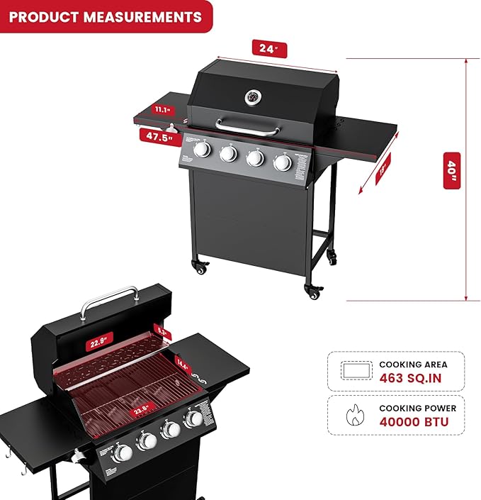 4-Burner Propane Gas BBQ Grill, 40,000 BTU Output Stainless Steel Gas Barbecue Grill with Side Tables & Wheels for Backyard,Camping and Outdoor Cooking (Black)