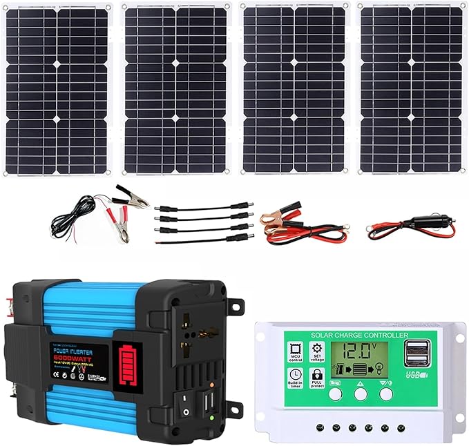 100W Solar Panel Kit with 4000W/6000W DC 12V to AC 220V/110V Inverter and 50A Controller, Complete Solar System for Home and Outdoor Power Generation(500W,12v-110v)