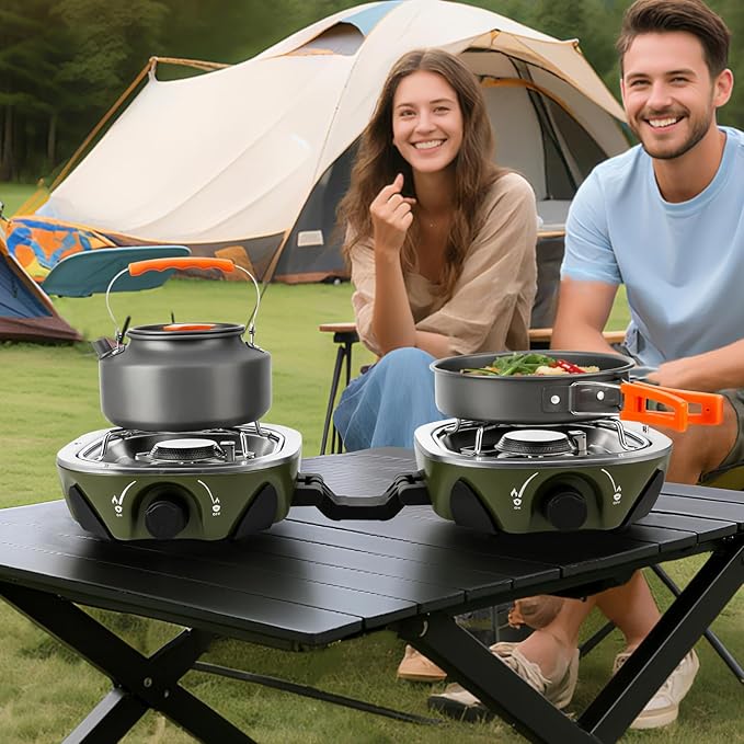 INFOOD Propane Camping Stove 20,000 BTU - Portable 2 Burner Gas Stove with Adjustable Flame Control, Piezo Ignition, Carry Bag & Propane Adapter Hose, Folding Design for Camp, BBQ, Tailgating, Green