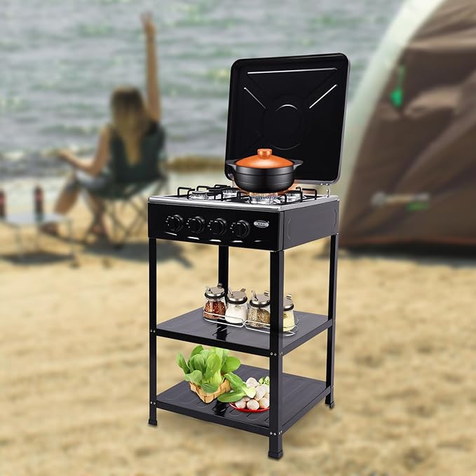 LPG/NG Gas Stove 4 Burner, Portable Natural Gas Stove Outdoor Camping BBQ Stove Gas Cooker with 2 Tier Storage Rack, for RV, Apartment, Outdoor Cooking (Black, 4-Burner)