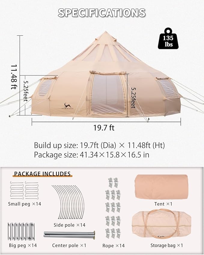 TOMOUNT Canvas Tent with Rainfly with Stove Jack Bell Tent Yurt Glamping Tent with TPU Transparent Roof for Family Camping