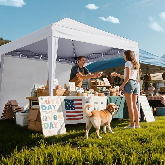10x10 Pop Up Canopy with Sidewalls, Outdoor Instant Canopy Tent with Carry Bag for Commercial Events, Camping, Backyard Parties - White