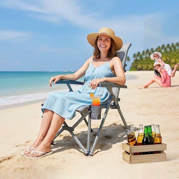 SUNNYFEEL Folding Camping Chair Outdoor Reclining Adjustable 3 Position Heavy Duty Adults 500 LBS Capacity with Hard Armrests & Cup Holder, Blue Ergonomic Chairs for Outdoor, Camp, Beach, Travel, RV