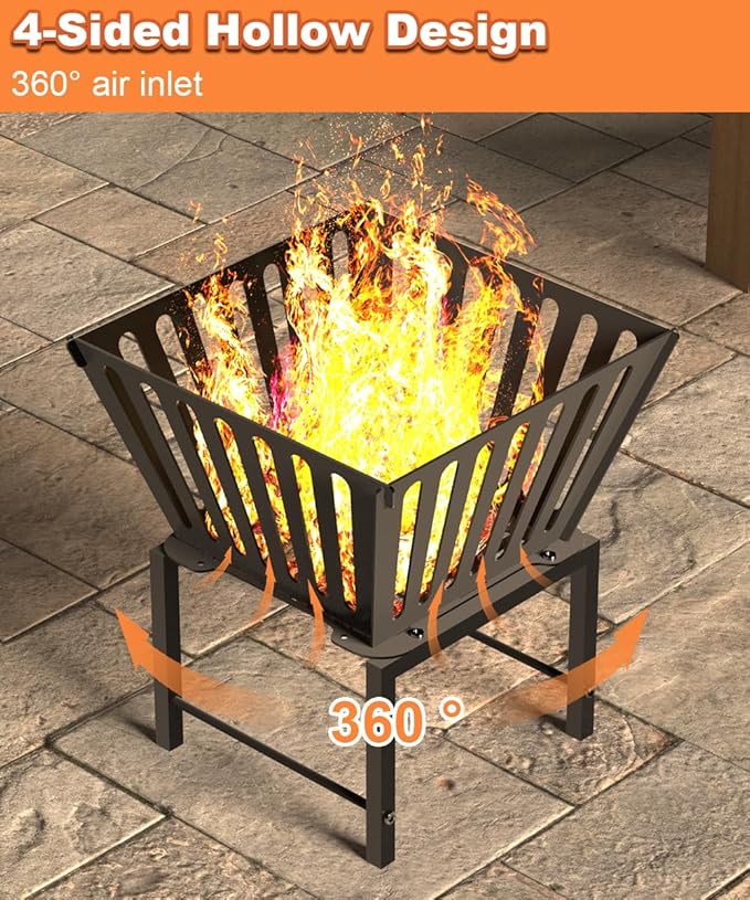 Outdoor Fire Pit — 17 Inch Portable with Storage Bag for Camping, Patio Heating, Picnic and BBQ, Trapezoid Vertical Hollow, Black