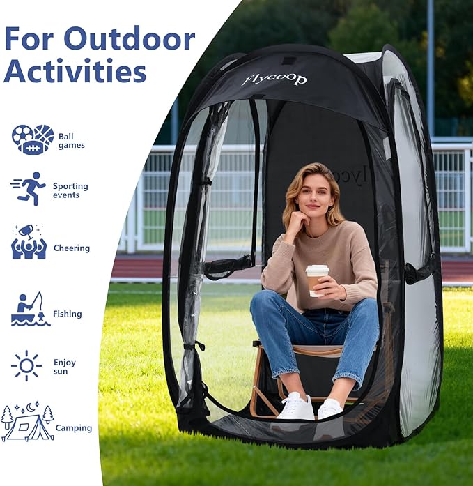 Sports Tent: Flycoop Portable Weather Pop Up Pod 1 Person to Provide Shelter from Wind Rain and Cold Weather Shelter for Outdoor Activities, Sports Events, Camping and Hiking