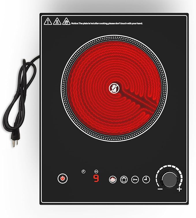 1800W Portable Electric Cooktop – Features touch & knob controls with 10 heat levels, child lock, and timer. 110V for home, camping, and apartments.
