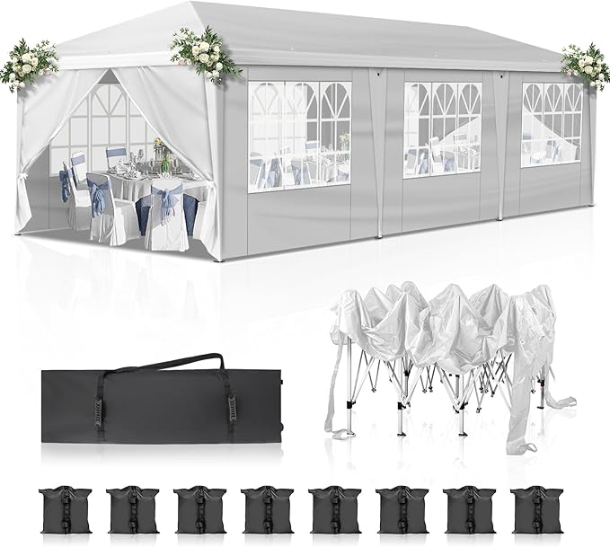 VINGLI Pop Up Canopy Tent with Sidewalls, Outdoor Gazebo Canopy Tent, Patio Event Tents Outdoor Event Shelter for Parties (White, 10x30)