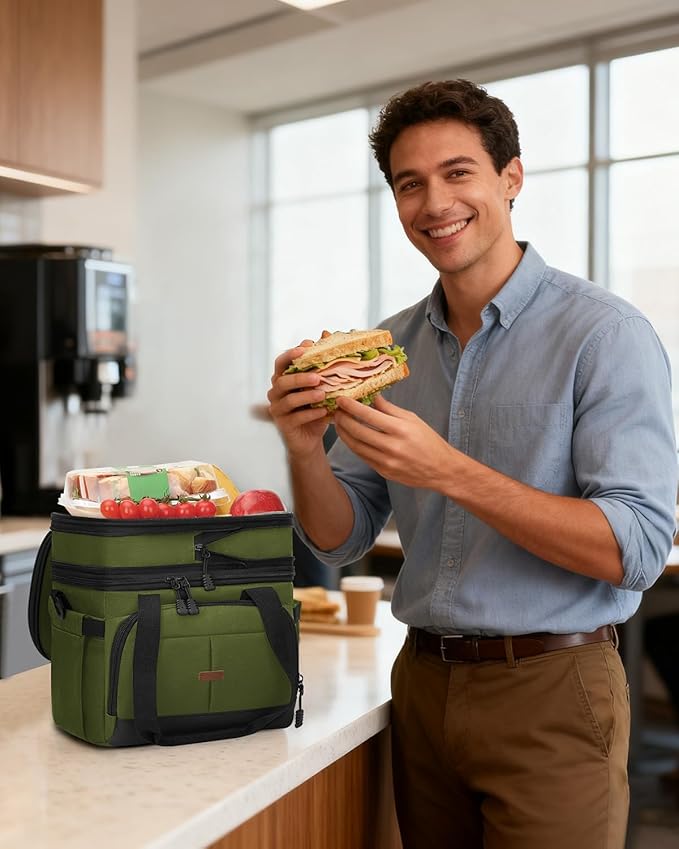 Lunch Box For Men Women Double Deck Insulated Lunch Bag For Men Woman Leakproof Expandable Cooler Bag with Adjustable Shoulder Strap for Work Shool Picnic(Green,Medium)