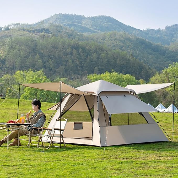 Tents for Camping 3/5 Person Tent Waterproof Beach Canopy Tent Pop Up, Easy Setup Backpacking Tents with Mats, Dome Tent, Family Tent for Outdoor Hiking with Porch (Color : /Khaki, Size : 3-4 Person
