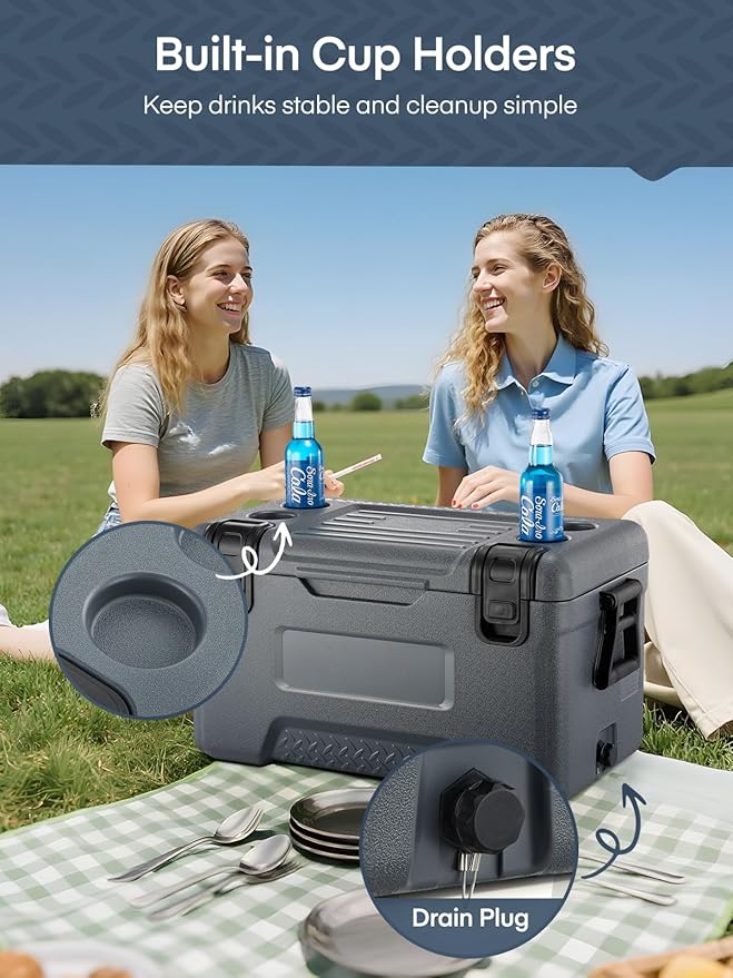 Cooler, Portable Hard Cooler with Dual Latches, Insulated Ice Chest with Swing-up Side Handles, Molded Ruler＆Cup Holders, Coolers Keeps Cool up to 6 Days, Camping Fishing Road Trips Beach, 47.5 QT