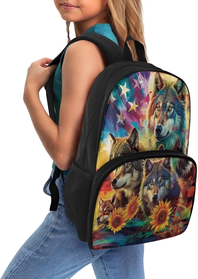 USA Flag Wolf Casual Bookbag Backpacks Hiking Outdoor Insulated Unisex Lunch Cooler Backpack Patriotic All In One Backpack Meal Bag Travel Laptop Bag 4th of July