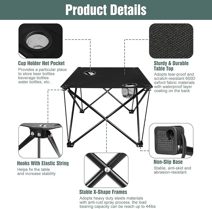 Folding Camping Table with 2 Cup Holders, Portable Picnic Table 600D Oxford Fabric, Lightweight Beach Table with Carrying Bag for Outdoor, Camping, Picnic, Beach, BBQ