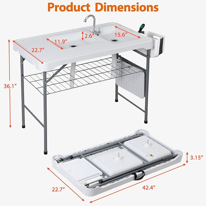 ZENY Fish Cleaning Table with Sink, 42.4" Width Portable Folding Camping Table, Outdoor Fish Cleaning Station with Grid Rack and Fish Cleaning Kit for Picnic