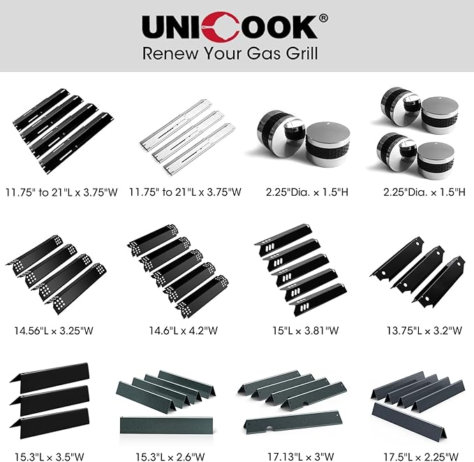 Unicook Adjustable Grill Burner Covers for Gas Grill, Porcelain Steel Heat Plate Shields, BBQ Heat Tents, Heavy Duty Flame Tamer, Barbecue Replacement Parts, Extends from 11.75" up to 21" L, 6 Pack