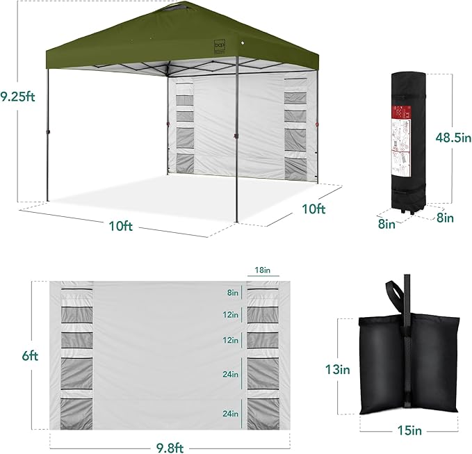 Best Choice Products 10x10ft Pop Up Canopy Tent with Sidewall, 1 Person 1 Minute Set Up, Carry Case, 4 Weight Bags - Olive Green