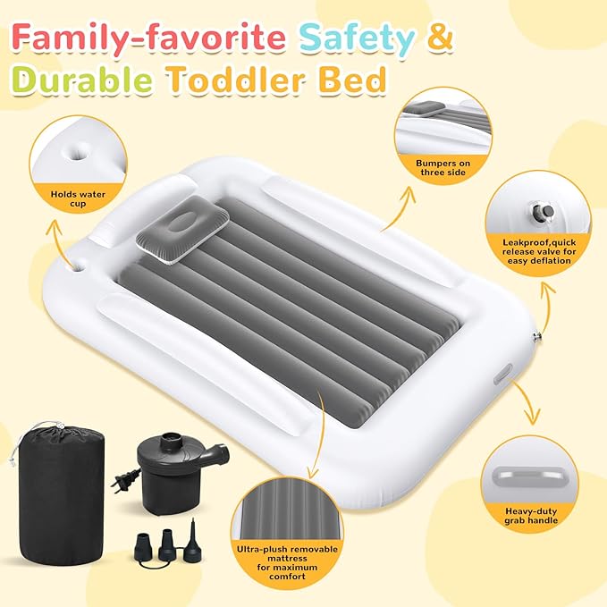 Inflatable Kids Travel Bed - Portable Comfortable Air Mattress with 3 Sides Safety Bumpers - Blow Up Bed for Camping & Travel (53 Inches)