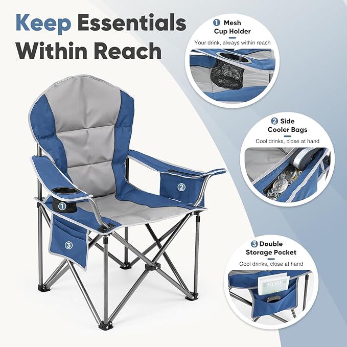 DUMOS Folding Camping Chairs, Outdoor Collapsible Padded Chairs with Cup Holder & Cooler Bag, Heavy Duty Portable Camping Chair for Garden Beach Fishing Sports, Blue