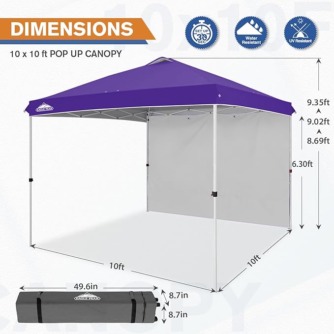 EAGLE PEAK Commercial Canopy 10x10 Pop Up Canopy Tent with 1 Sidewall, Easy Setup Heavy Duty Instant Event Shelter for Vendors & Markets, Outdoor Sun Shade, Purple
