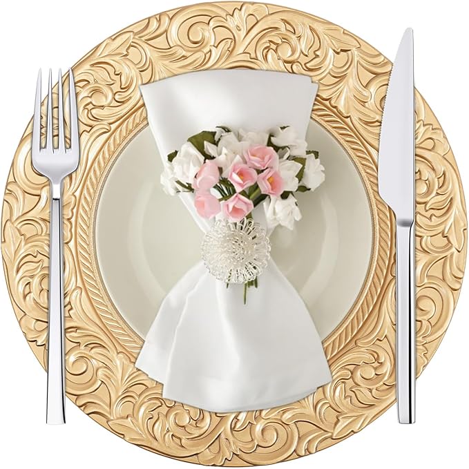 150 Pcs 13 Inch Gold Charger Plates, Bulk PP Wedding Chargers with Floral Reef Design Decorative Round Ruffled Rim Dinner Plates for Wedding Party Event Table Setting Decoration