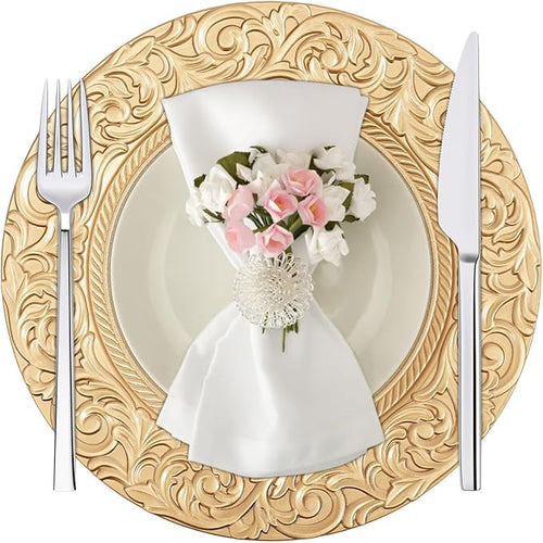 150 Pcs 13 Inch Gold Charger Plates, Bulk PP Wedding Chargers with Floral Reef Design Decorative Round Ruffled Rim Dinner Plates for Wedding Party Event Table Setting Decoration