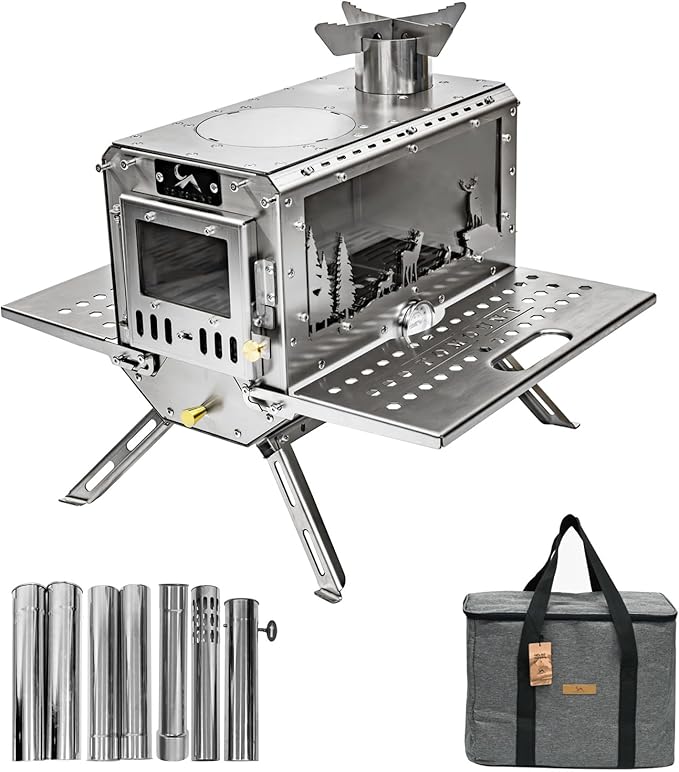 TOMOUNT Hot Tent Stove,Wood Stove with 7 Chimney Pipes,304 Stainless Camping Tent Stove with Spark Damper, Wood Burning Stove for Cooking and Heating，with heat-resistant Glass Window