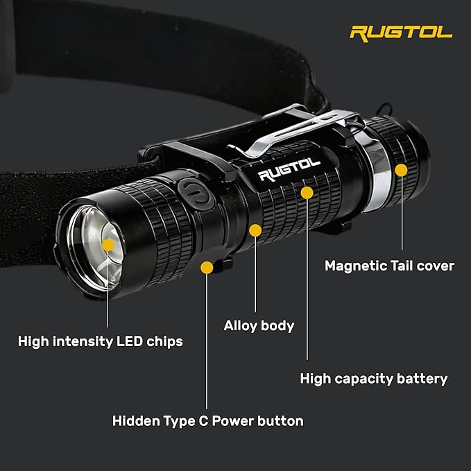 Headlamp, USB C Rechargeable Battery Powered Head Lamp LED Flashlight with Clip Magnetic Base, 1000 Lumens Zoomable Aluminum Headlamp IPX4 Waterproof for Hard Hat Working Running Hiking