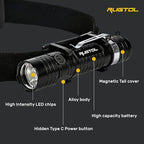Headlamp, USB C Rechargeable Battery Powered Head Lamp LED Flashlight with Clip Magnetic Base, 1000 Lumens Zoomable Aluminum Headlamp IPX4 Waterproof for Hard Hat Working Running Hiking