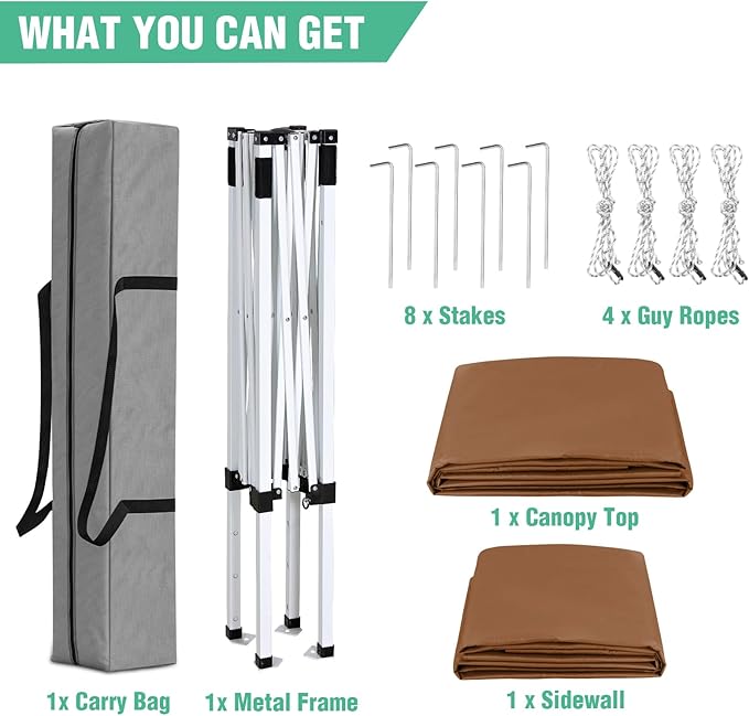 5x5 Pop Up Canopy Tent with One Sidewall, Instant Portable Beach Canopy, Outdoor Tent with Carry Bag for Camping, Sports, Tailgating, Events, Khaki