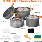 ONLYFIRE OUTDOOR LIVING14pcs Camping Cookware Set, Lightweight Nonstick Pots, Pan, Kettle, Utensils, Bowls, and Cleaning Tool with Mesh Bag for Camping Hiking Backpacking RV Tailgating Cooking, CT604