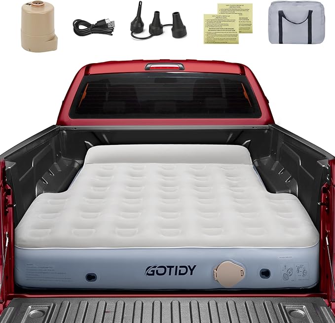 Short Truck Bed Mattress 5-5.5ft for Mid-Size Pickup, Truck Bed Air Mattress for Tacoma Jeep Gladiator JT, Rechargable Built in Pump, Integrated Pillow