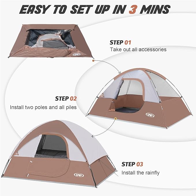 Camping Tent 2-4 Person, Waterproof Windproof Tent with Rainfly Easy Set up-Portable Dome Tents for Camping…
